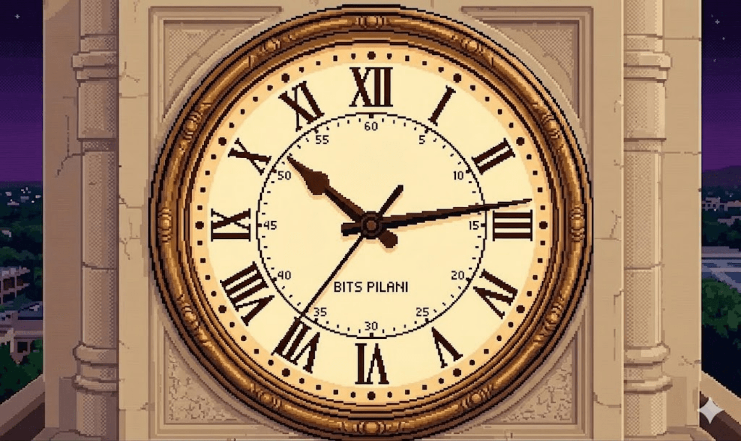 BITS Pilani clock tower — close-up of the iconic clock face in pixel art style