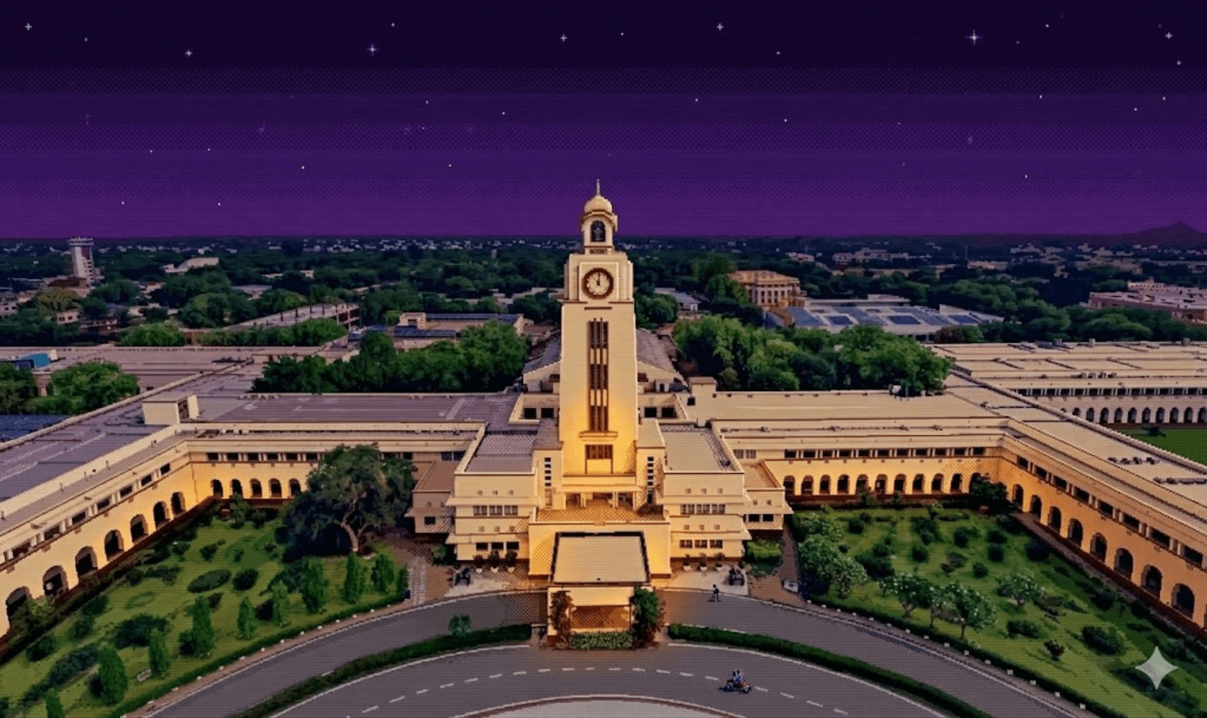 BITS Pilani campus — aerial bird's eye view with clock tower and surrounding buildings